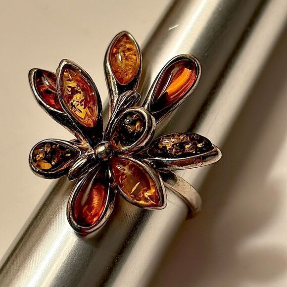Vintage Jewelry - Sterling Silver Baltic Amber Floral Sunburst Multi Stone Cocktail Statement Ring